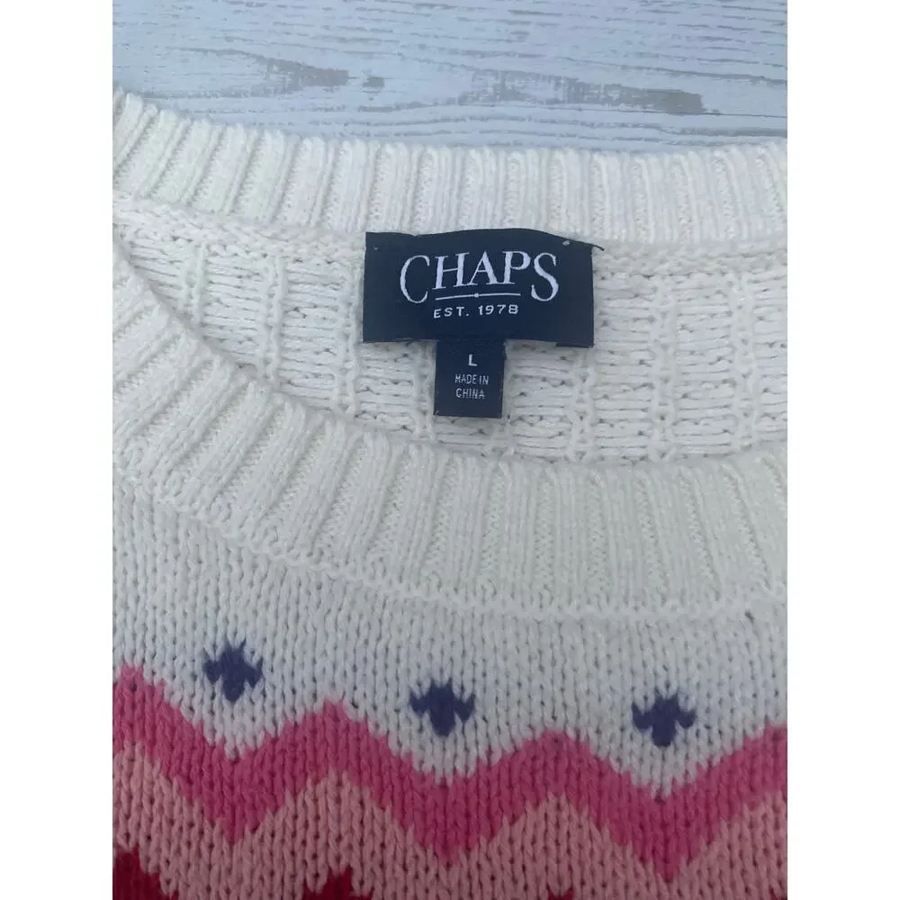 Chaps Women’s Fair Isle Sweater Large Cream Pink Red Cable Knit Nordic Winter - Picture 2 of 7